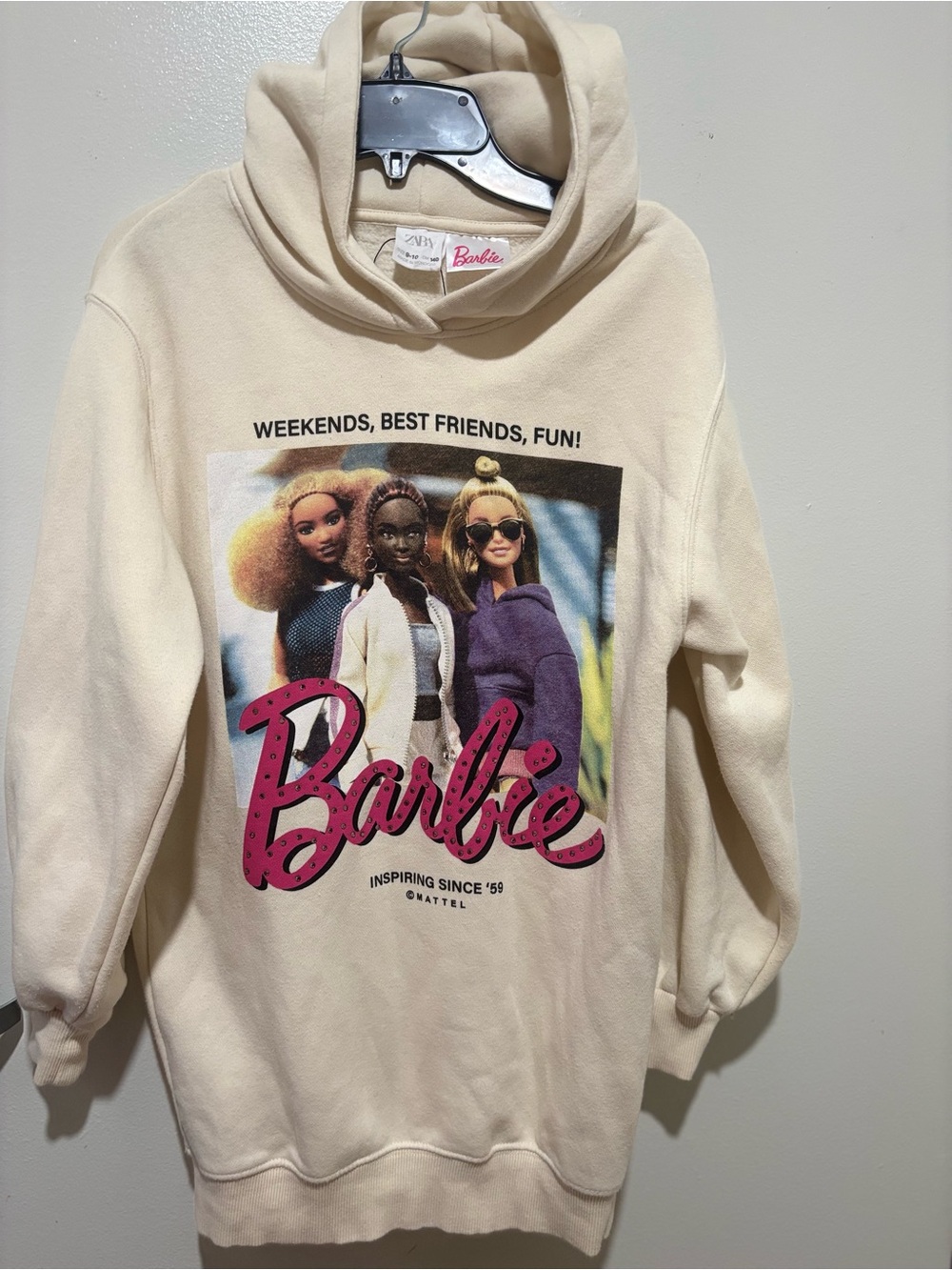 Zara Cream Barbie Graphic Hoodie Dress with Pink Logo